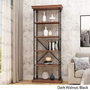 Great Deal Furniture Alma Industrial 5 Shelf Firwood Bookcase, Dark Walnut and Black