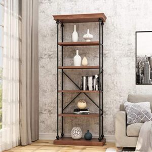 Great Deal Furniture Alma Industrial 5 Shelf Firwood Bookcase, Dark Walnut and Black