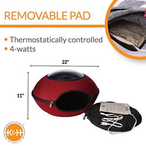 K&H Pet Products Thermo Lookout Pod Indoor Heated Cat Bed for Large Cats, Heated Cat Cave, Thermal Cat Mat Hideaway for Small or Large Cats and Kittens - Classy Red 22 Inches