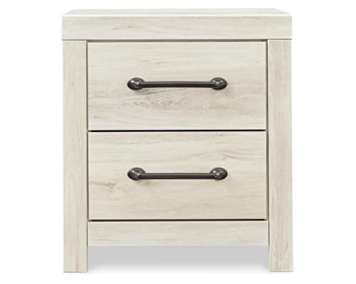 Signature Design by Ashley Cambeck Farmhouse Industrial 2 Drawer Two Drawer Nightstand with 2 Slim-Profile USB Charging Stations, Whitewash