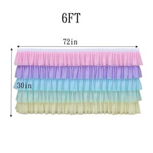 GewoneLife Rainbow Tulle Table Skirt 6FT Tutu Table Clothing for Baby Shower Birthday Party Decoration,Unicorn Table Skirt for Rectangle and Round Tables(L72in,H30in)