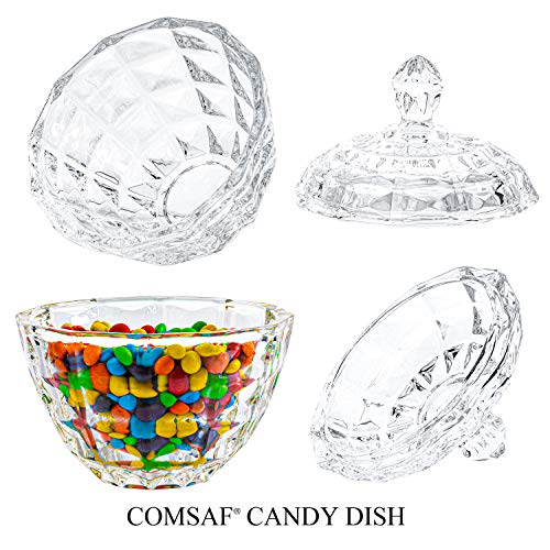 ComSaf Halloween Glass Candy Dish with Lid, Clear Covered Halloween Candy Bowl, Crystal Candy Jar, Halloween Candy server for Home Kitchen Office Table, Small Set of 2