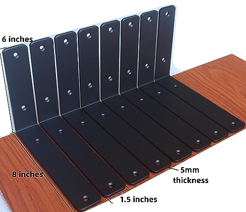 8 Pack - L 8" x H 6" x W 1.5", 5mm Thick Black L Shelf Bracket, Iron Shelf Brackets, Metal Shelf Bracket, Industrial Shelf Bracket Decorative Shelving, Shelf Supports with Screws