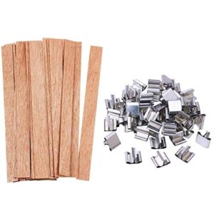 100pcs wooden candle wicks, candle making wicks 5.1 x 0.5 inch naturally smokeless wooden candle wicks candle cores with iron stand for diy candle making(50 set)