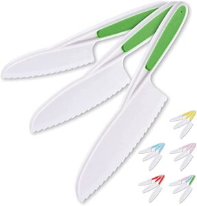 zulay kids knife set for cooking and cutting fruits, veggies & cake - perfect starter knife set for little hands in the kitchen - 3-piece nylon knife for kids - fun & safe lettuce knife (green)