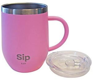 pink sip eazy's 12oz 18/8 stainlesssteel insulated cup, handle & lid - keeps your drinks hot up to 6 hours cold up to 24hour - coffee, tea, beer, water, wine - arrives boxed for easy gifting!