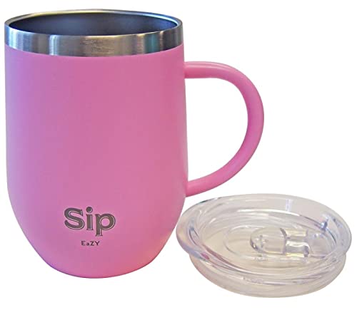 PINK SIP EAZY'S 12oz 18/8 StainlessSteel Insulated Cup, Handle & Lid - Keeps your Drinks Hot up to 6 hours Cold up to 24hour - Coffee, Tea, Beer, Water, Wine - Arrives Boxed for easy Gifting!