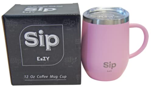 PINK SIP EAZY'S 12oz 18/8 StainlessSteel Insulated Cup, Handle & Lid - Keeps your Drinks Hot up to 6 hours Cold up to 24hour - Coffee, Tea, Beer, Water, Wine - Arrives Boxed for easy Gifting!