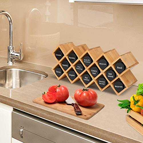 Criss-Cross 18-Jar Bamboo Countertop Spice Rack Organizer, Kitchen Cabinet Cupboard Wall Mount Door Spice Storage, Fit for Round and Square Spice Bottles, Free Standing for Counter, Cabinet or Drawers