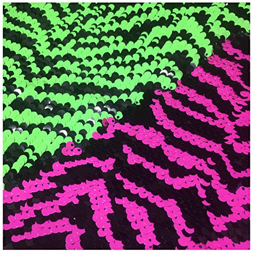 LQIAO 0.5Y Zebra Neon Pink Green Reversible Sequin Fabric Mermaid Shimmer Sparkly Mesh Fabric by The Yard Half for Drawers Wedding Dress Costume DIY