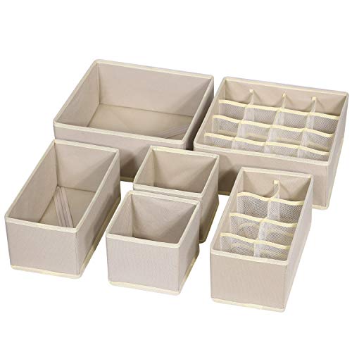 TENABORT 6 Pack Foldable Drawer Organizer Dividers Cloth Storage Box Closet Dresser Organizer Cube Fabric Containers Basket Bins for Underwear Bras Socks Panties Lingeries Nursery Baby Clothes Beige