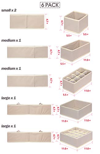 TENABORT 6 Pack Foldable Drawer Organizer Dividers Cloth Storage Box Closet Dresser Organizer Cube Fabric Containers Basket Bins for Underwear Bras Socks Panties Lingeries Nursery Baby Clothes Beige