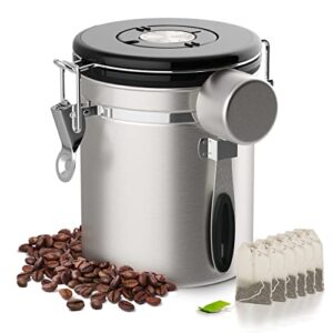 houseables coffee canister, espresso container, airtight storage, stainless steel, 1/8 cup scoop, 16 oz, ground bean tin, beans keeper jar, co2 valve, date tracker, grounds canisters, nuts, sugar
