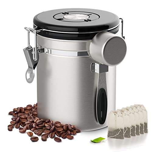 Houseables Coffee Canister, Espresso Container, Airtight Storage, Stainless Steel, 1/8 Cup Scoop, 16 Oz, Ground Bean Tin, Beans Keeper Jar, CO2 Valve, Date Tracker, Grounds Canisters, Nuts, Sugar