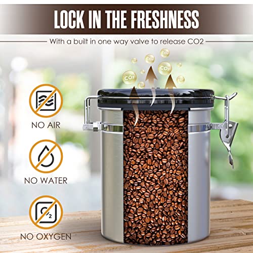 Houseables Coffee Canister, Espresso Container, Airtight Storage, Stainless Steel, 1/8 Cup Scoop, 16 Oz, Ground Bean Tin, Beans Keeper Jar, CO2 Valve, Date Tracker, Grounds Canisters, Nuts, Sugar