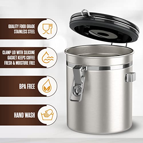 Houseables Coffee Canister, Espresso Container, Airtight Storage, Stainless Steel, 1/8 Cup Scoop, 16 Oz, Ground Bean Tin, Beans Keeper Jar, CO2 Valve, Date Tracker, Grounds Canisters, Nuts, Sugar