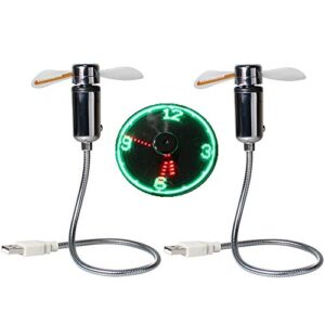 usb led clock fan 90mm usb-powered portable mobile usb fan with clock, led light display time, mini gooseneck fan for laptop office home travel (2 pack)