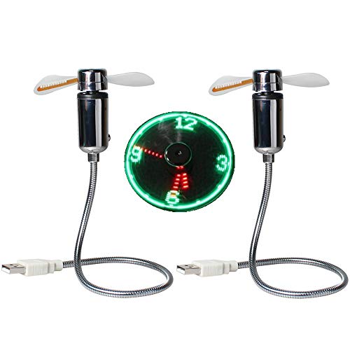 USB LED Clock Fan 90mm USB-Powered Portable Mobile USB Fan with Clock, LED Light Display Time, Mini Gooseneck Fan for Laptop Office Home Travel (2 PACK)