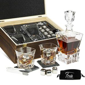 whiskey decanter and stones gift set for men - whiskey decanter, 2 rocks whiskey glasses, 8 stainless steel whisky cubes, 2 slate coasters, special tongs & freezer pouch in pinewood gift box