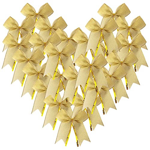 Micomon 50pcs 3-1/2" Metallic Gold Bows Twist Tie Bows for Gift Wrapping with Fish Tails (Gold)