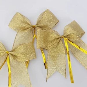 Micomon 50pcs 3-1/2" Metallic Gold Bows Twist Tie Bows for Gift Wrapping with Fish Tails (Gold)