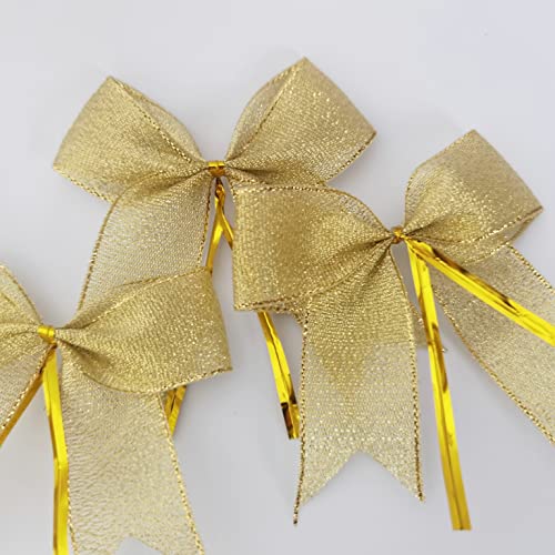 Micomon 50pcs 3-1/2" Metallic Gold Bows Twist Tie Bows for Gift Wrapping with Fish Tails (Gold)