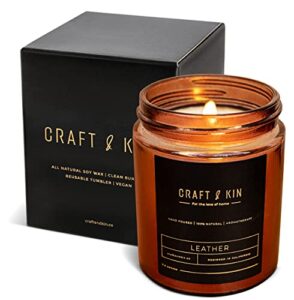 leather candle | premium scented candles for men & women | all-natural soy candles, rustic home decor scented candles | ultra clean burn amber jar candles, aromatherapy candles