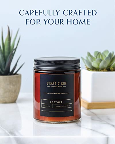 Leather Candle | Premium Scented Candles for Men & Women | All-Natural Soy Candles, Rustic Home Decor Scented Candles | Ultra Clean Burn Amber Jar Candles, Aromatherapy Candles