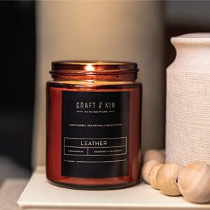 Leather Candle | Premium Scented Candles for Men & Women | All-Natural Soy Candles, Rustic Home Decor Scented Candles | Ultra Clean Burn Amber Jar Candles, Aromatherapy Candles