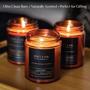 Leather Candle | Premium Scented Candles for Men & Women | All-Natural Soy Candles, Rustic Home Decor Scented Candles | Ultra Clean Burn Amber Jar Candles, Aromatherapy Candles