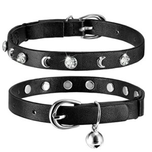 leather cat collars bell,cats safety collar with elastic strap, adjustable kitty collar for cats, personalized moon & rhinestone 7-10 inch length for cats, kitten & puppy (1 pack black)