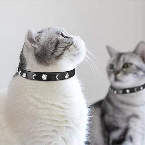 Leather Cat Collars Bell,Cats Safety Collar with Elastic Strap, Adjustable Kitty Collar for Cats, Personalized Moon & Rhinestone 7-10 Inch Length for Cats, Kitten & Puppy (1 Pack Black)