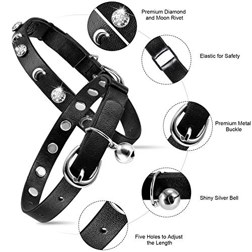 Leather Cat Collars Bell,Cats Safety Collar with Elastic Strap, Adjustable Kitty Collar for Cats, Personalized Moon & Rhinestone 7-10 Inch Length for Cats, Kitten & Puppy (1 Pack Black)