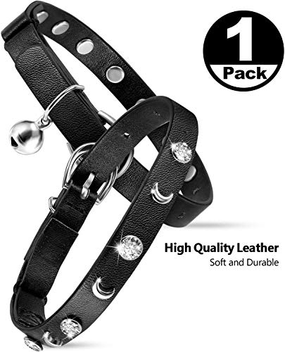 Leather Cat Collars Bell,Cats Safety Collar with Elastic Strap, Adjustable Kitty Collar for Cats, Personalized Moon & Rhinestone 7-10 Inch Length for Cats, Kitten & Puppy (1 Pack Black)