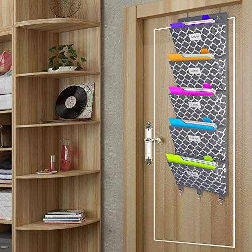 Hanging File Organizer, Over Door File Organizer Wall Mounted Storage Holder Pocket for Magazine, Notebooks, Planners, Mails, Office, Classroom, 5 Extra Large Pockets with Labels, 50.39" H, Grey with Lantern Pattern