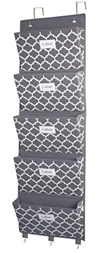 Hanging File Organizer, Over Door File Organizer Wall Mounted Storage Holder Pocket for Magazine, Notebooks, Planners, Mails, Office, Classroom, 5 Extra Large Pockets with Labels, 50.39" H, Grey with Lantern Pattern