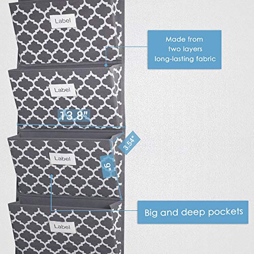 Hanging File Organizer, Over Door File Organizer Wall Mounted Storage Holder Pocket for Magazine, Notebooks, Planners, Mails, Office, Classroom, 5 Extra Large Pockets with Labels, 50.39" H, Grey with Lantern Pattern