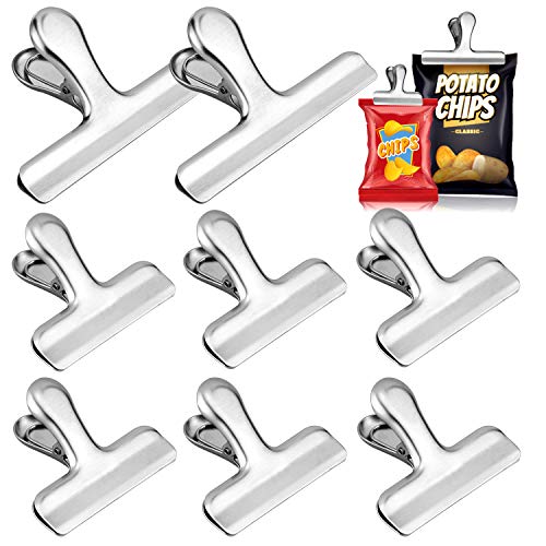 Whaline 8 Pack Stainless Steel Chip Clips Set, 4.7'' & 3'' Chip Bag Clips Heavy Duty Food Clips Round Edge Air Tight Seal Grip for Office Kitchen Home Usage Storage (2 Large and 6 Small Size)