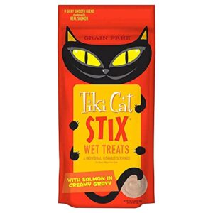 tiki cat stix wet mousse treats, single serve indulgent lickable treat or dry food topper, with salmon in creamy gravy, 3 oz. pouch (pack of 6)