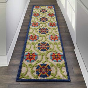 nourison aloha indoor/outdoor blue/multicolor 2'3" x 8' area -rug, easy -cleaning, non shedding, bed room, living room, dining room, deck, backyard, patio (2x8)