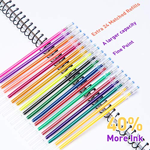 Gel Pen, Coloring Gel Pens for Kid Adult Coloring Books, 24 Colors Gel Art Markers Fine Point Pen with 24 Refills for School Office Art Suppliers