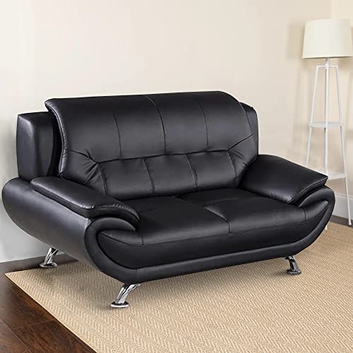 Benjara Leatherette Upholstered Wooden Sofa with Bustle Back and Stainless Steel Legs, Black