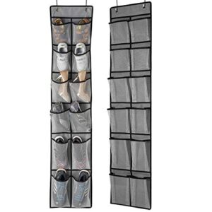 keepjoy over the door shoe organizer 2 pack,mesh pockets hanging shoe rack over the door,shoe storage closet with 4 hooks,washable and breathable fabic,large size 57.5×12.6inch(grey)