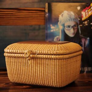 Teng Tian Nantucket baskets Rectangular Handwoven rattan Storage Basket Set with Lid for Shelves and Home Organizer Bins (S)