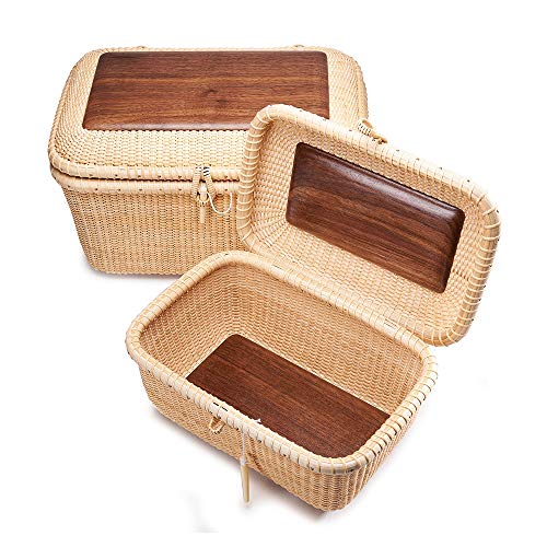 Teng Tian Nantucket baskets Rectangular Handwoven rattan Storage Basket Set with Lid for Shelves and Home Organizer Bins (S)