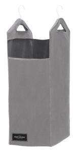 the fine living co. hanging laundry hamper bag with 2 strong metal removable hangers for closet, wide open top hanging closet heavy clothes storage hamper bin, durable space saving closet laundry bin 16.5"x 10" x 31.5" (grey)