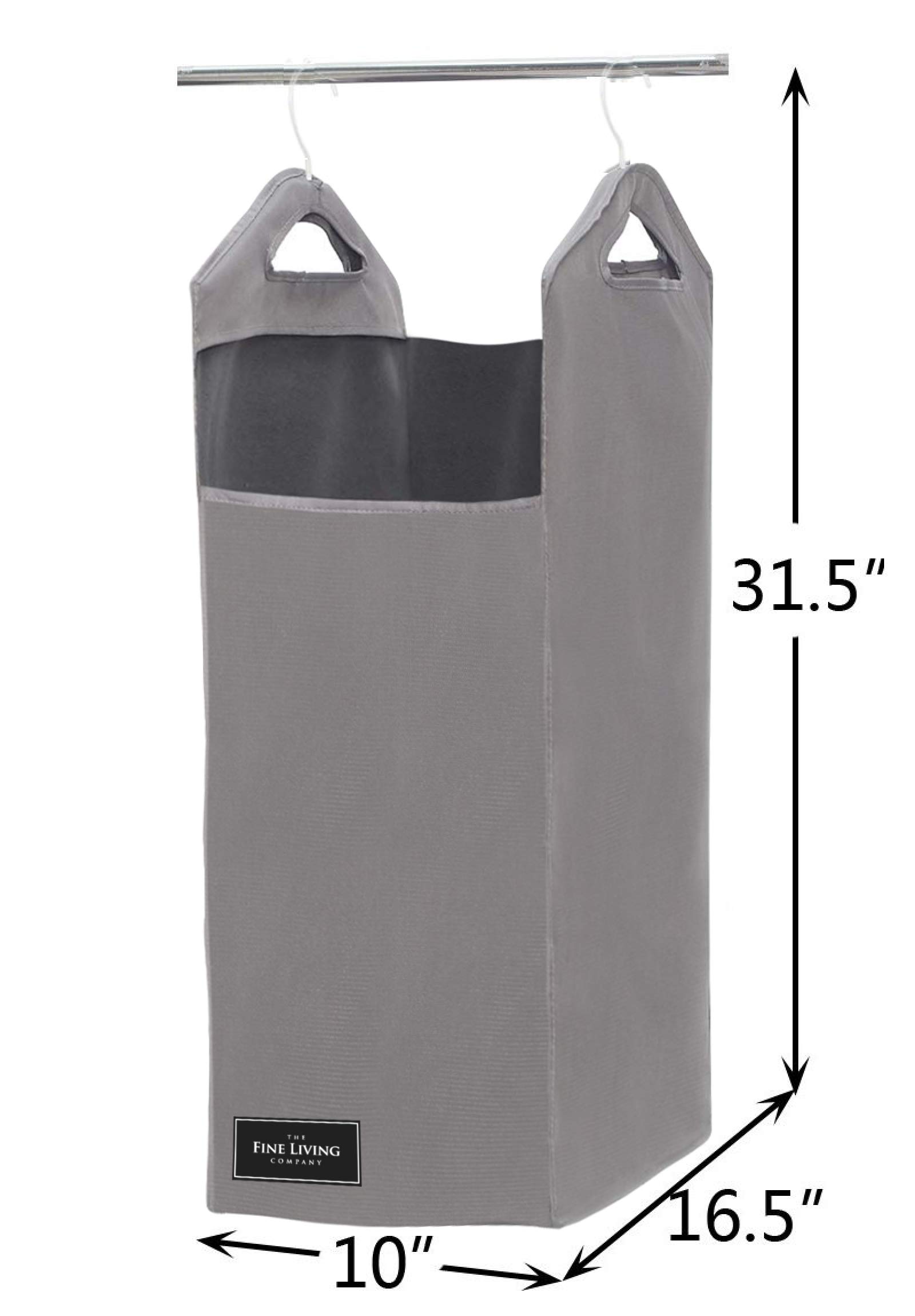 The Fine Living Co. Hanging Laundry Hamper Bag With 2 Strong Metal Removable Hangers For Closet, Wide Open Top Hanging Closet Heavy Clothes Storage Hamper Bin, Durable Space Saving Closet Laundry Bin 16.5"x 10" x 31.5" (Grey)