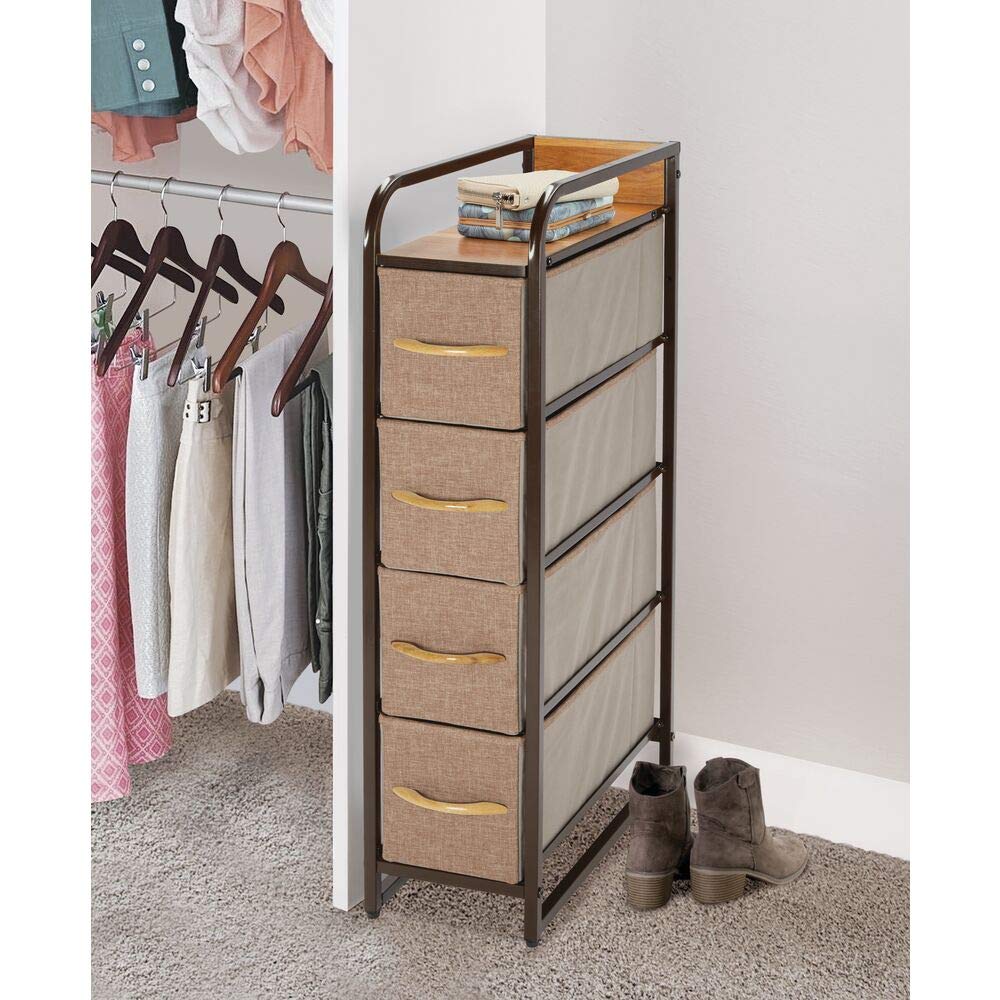 mDesign Slim Steel Frame Organizer Dresser Unit, 4 Removable Fabric Drawers/Metal Top, Furniture for Entryway, Hallway, Bedroom, Office, Closet Organization, Lido Collection, Coffee/Espresso Brown