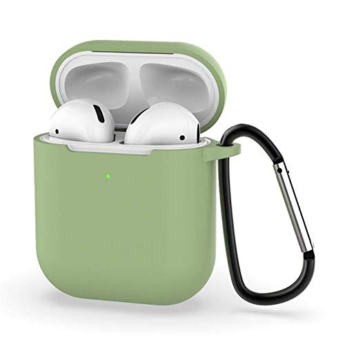 Airpods 2 Protective, Soft Chargeable, Protective Silicone Skin Cover Case Earphone Sleeve, Headphone Shockproof, Anti-Lost Carabiner (Matcha Green)