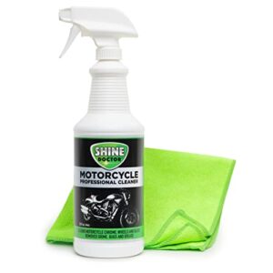 shine doctor motorcycle cleaner 32 oz. with microfiber towel cleans chrome, leather, vinyl, glass and removes grime and grease